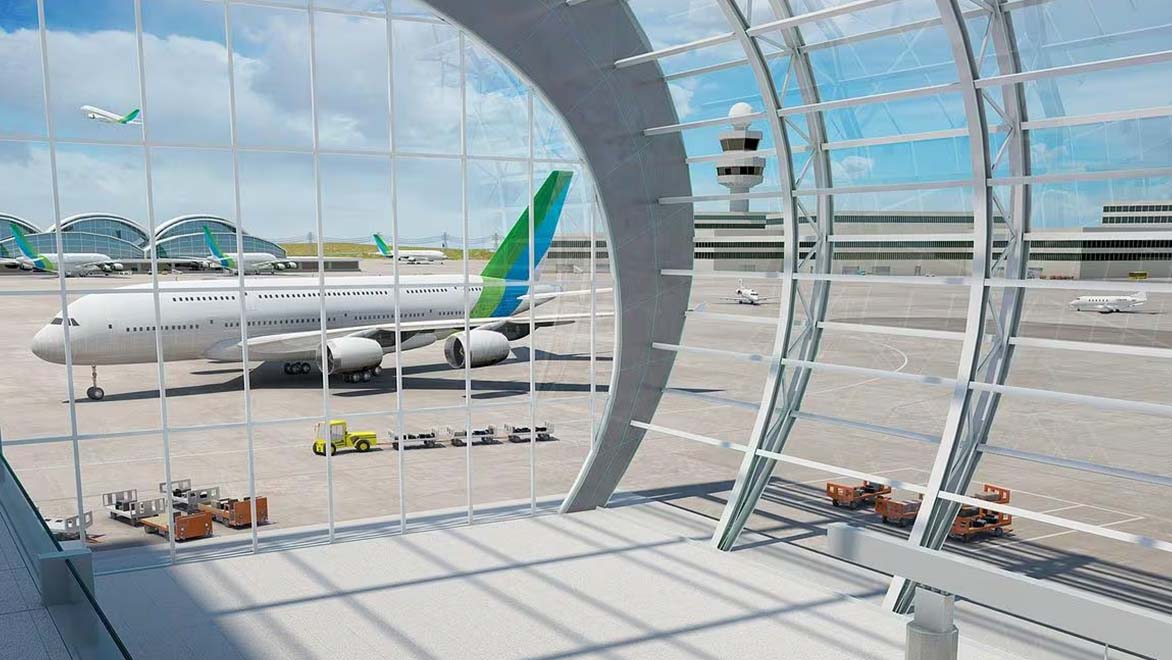 Rendering of an infrastructure model showing an interior view of a modern airport terminal with views out to the runway and other gates.