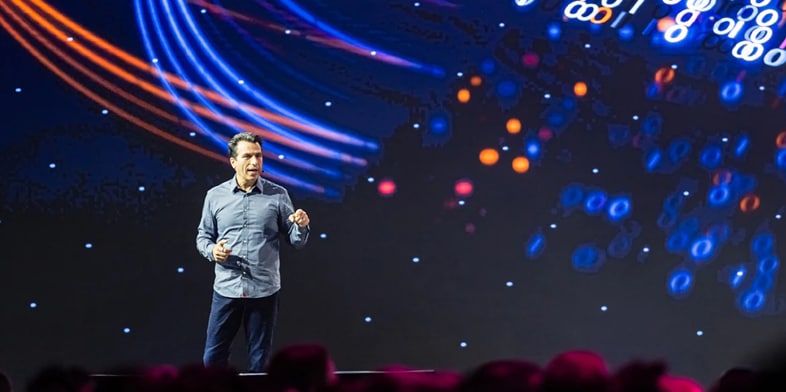 Autodesk CEO, Andrew Anagnost speaks on stage at Autodesk University 2026 in Las Vegas.