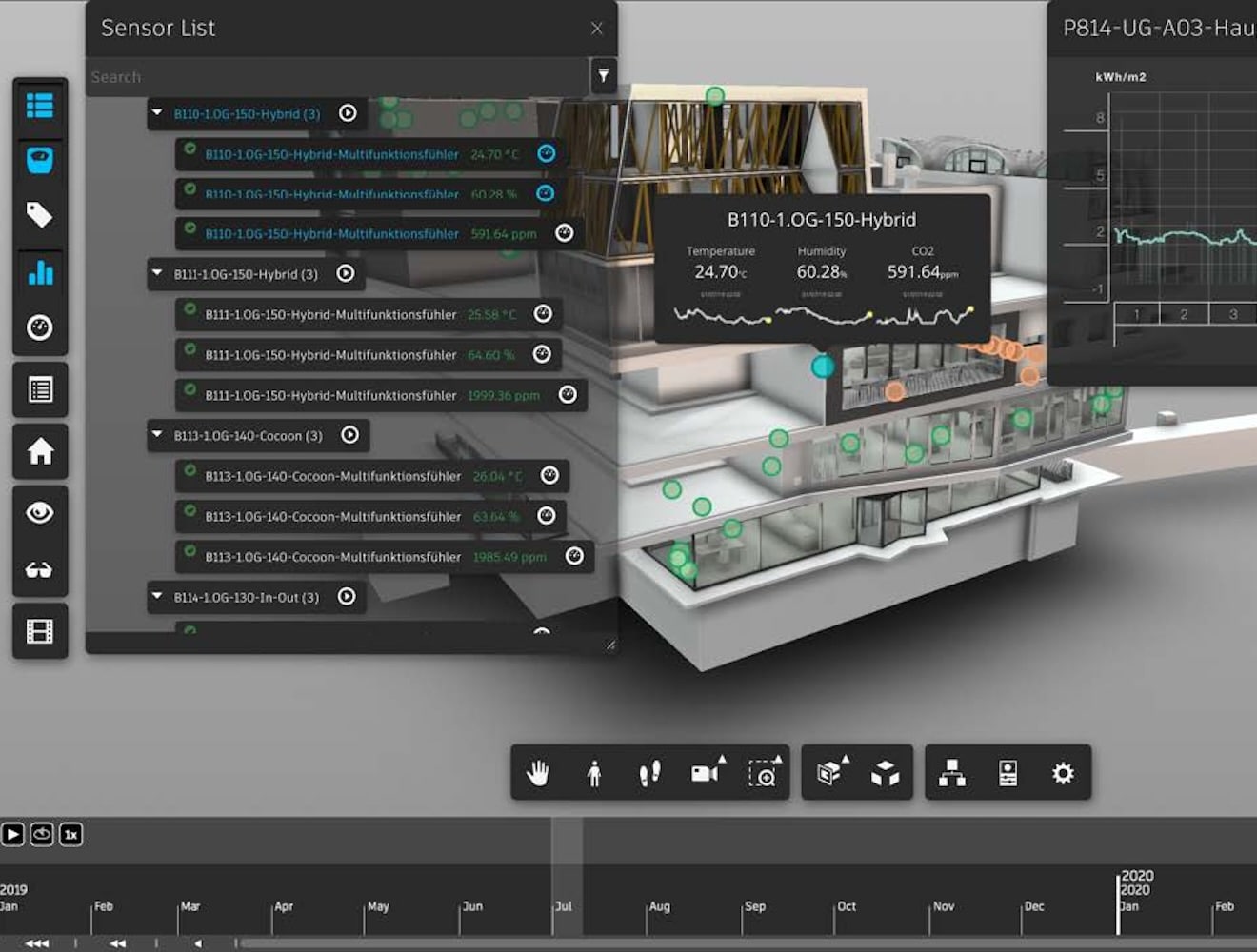 A screen capture from Project Dasher, which integrates sensor data with model data to present a 3D conceptualization of IoT data.
