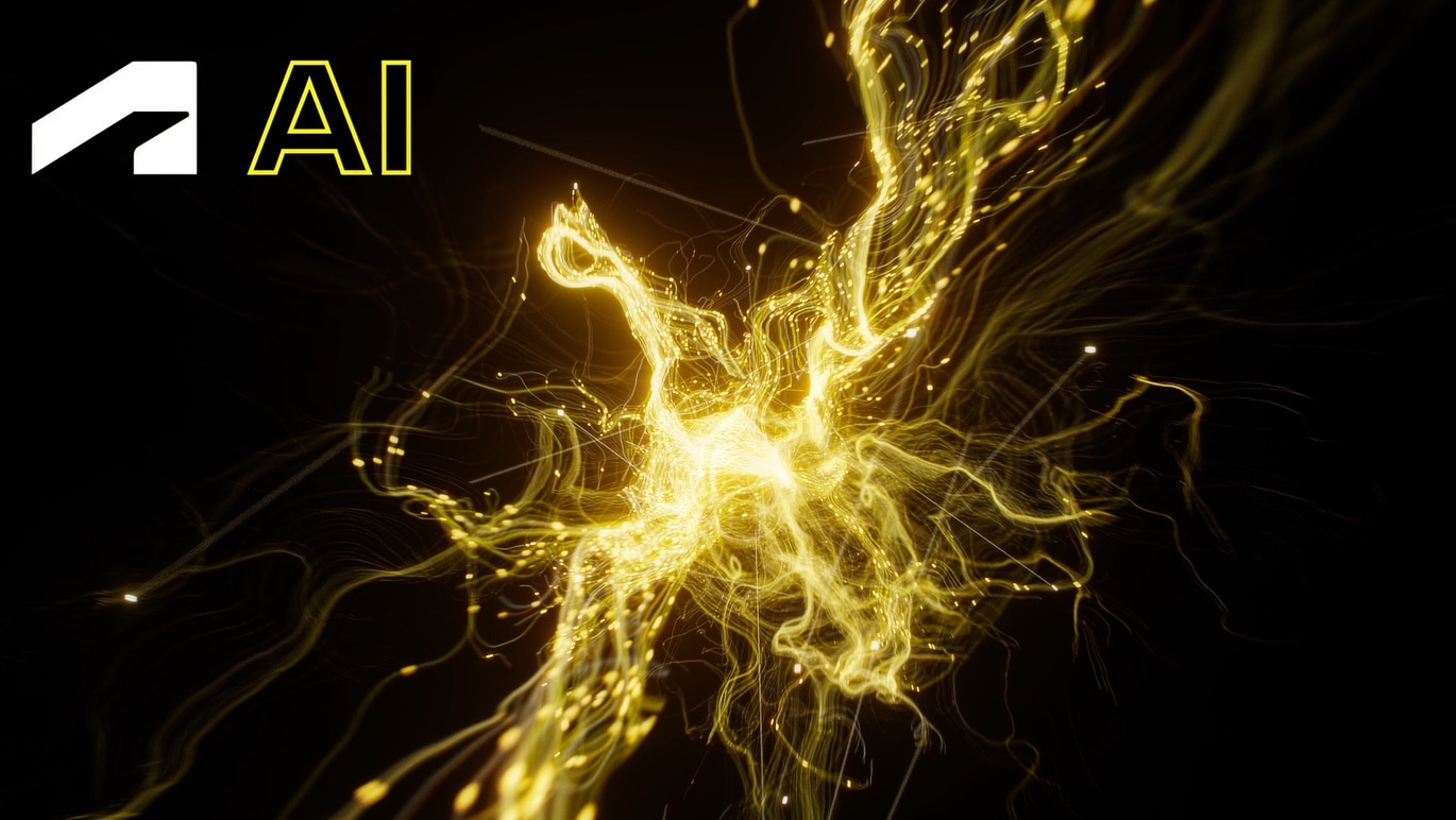 Abstract illustration of glowing golden light trails on a black background with the Autodesk logo and the letters "AI".