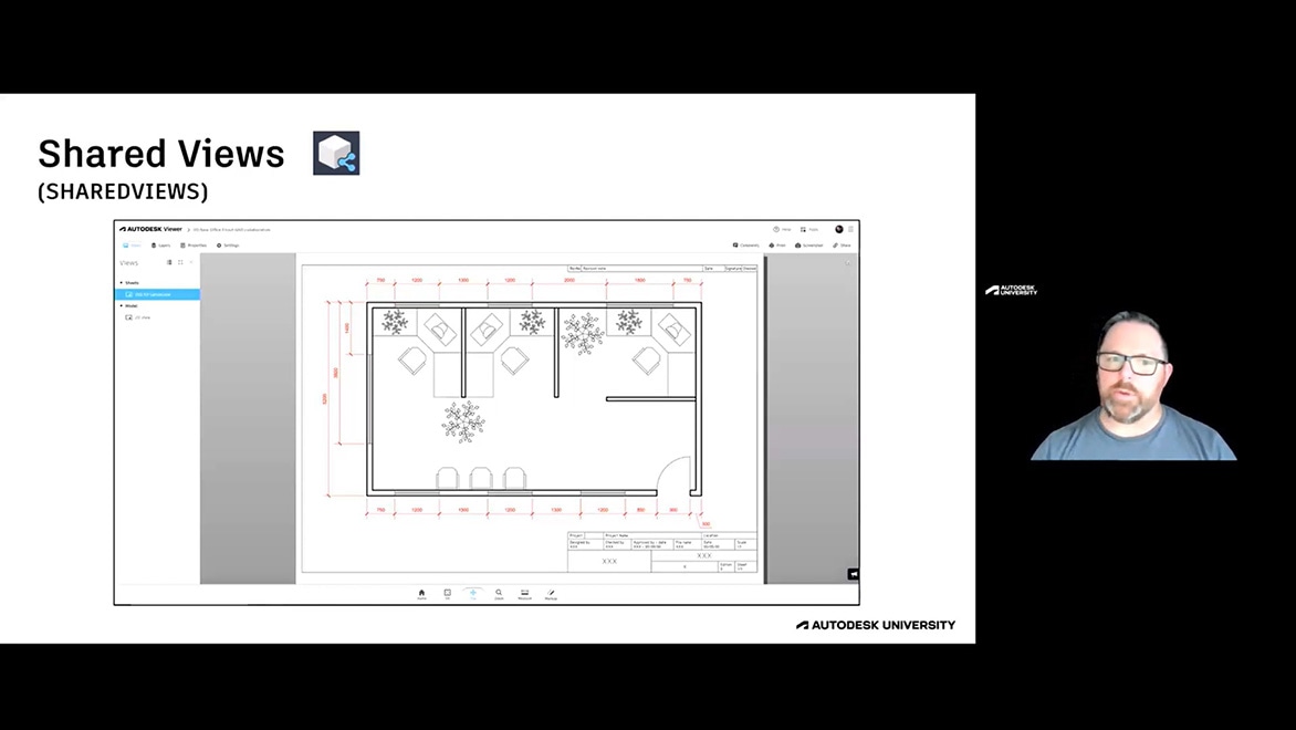 A presentation slide titled “Shared Views (SHAREDVIEWS)” from Autodesk University