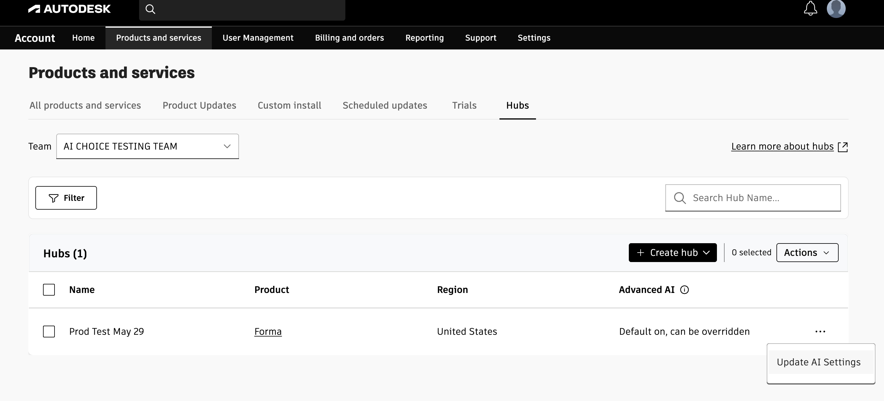 Registerkarte Produkte und Services zeigt einen einzelnen Forma-Hub mit der Option KI-Einstellungen aktualisieren.
