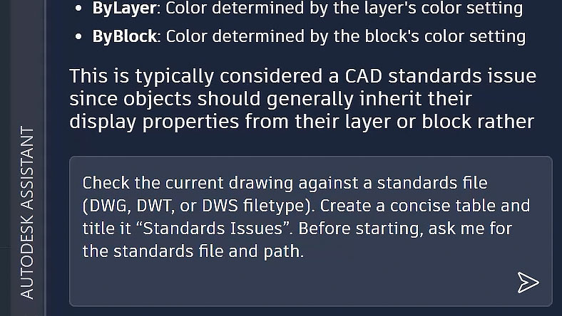 Autodesk Assistant panel showing guidance about CAD standards and checking a drawing against a standards file.