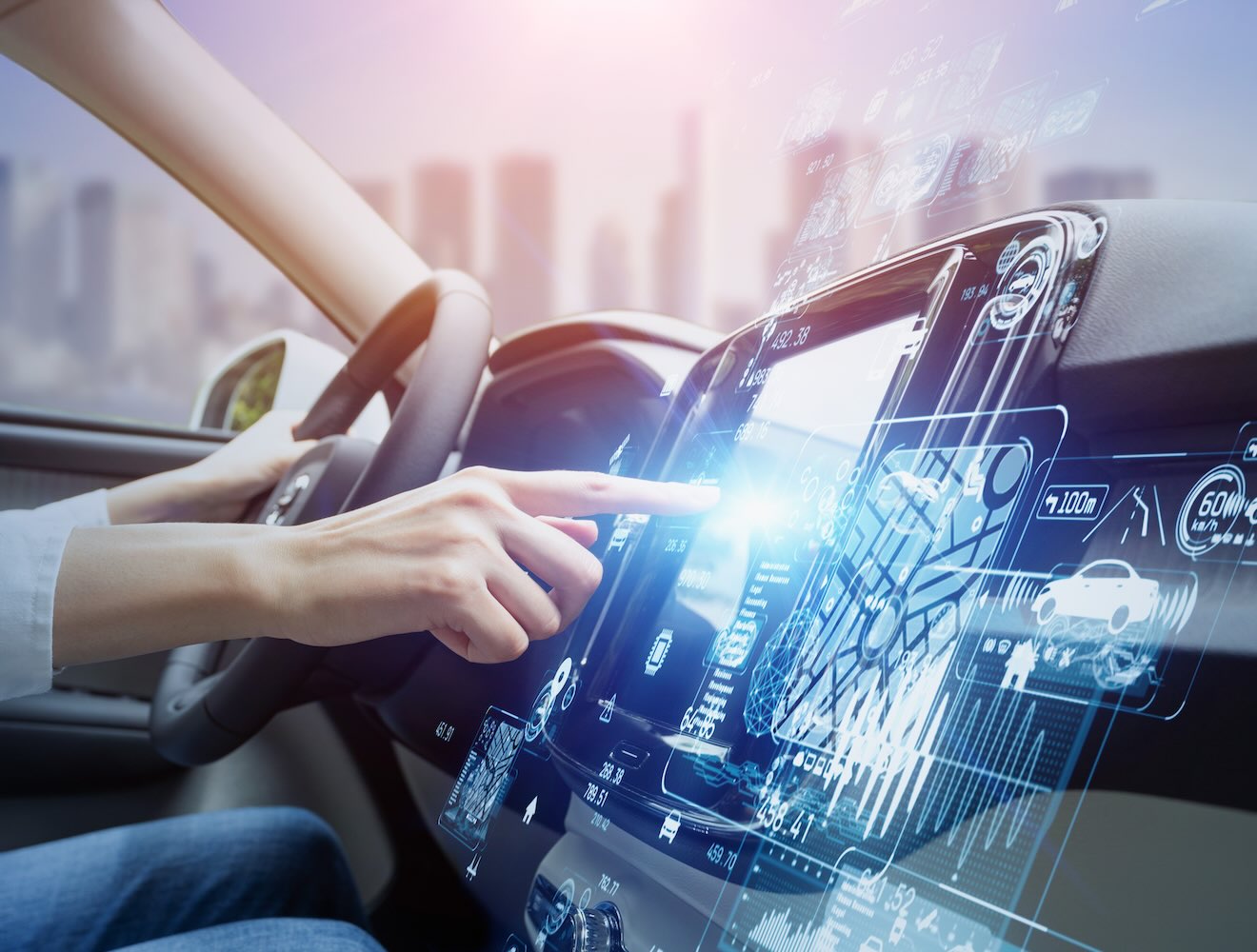 Travel and system data are superimposed on a car dashboard.