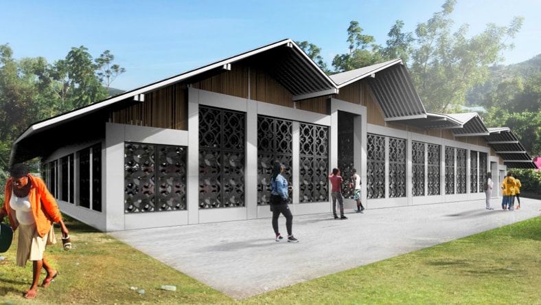 3D rendering of The Living, an Autodesk Studio. Large windows and sloped roofs, with a concrete patio surrounded by green grass. Trees in the background. Seven individuals standing in various places in front of the building.