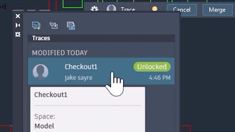 AutoCAD Traces panel showing a drawing checkout entry marked unlocked with user and timestamp.