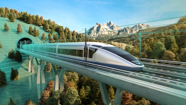 Rendering of high-speed train with bridge and tunnel