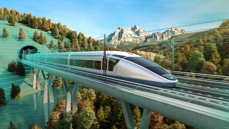 Rendering of high-speed train with bridge and tunnel