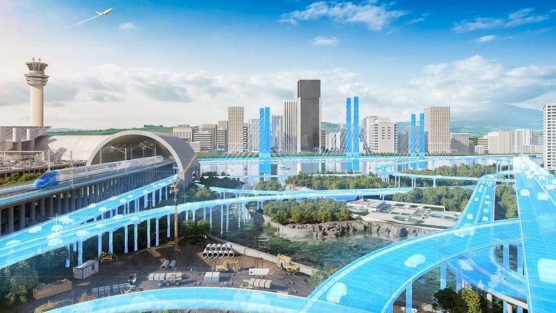 Infrastructure cityscape image with a highway focus and a blue digital overlay