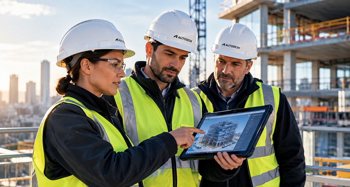 Dois trabalhadores num estaleiro de obras olhando para um tablet