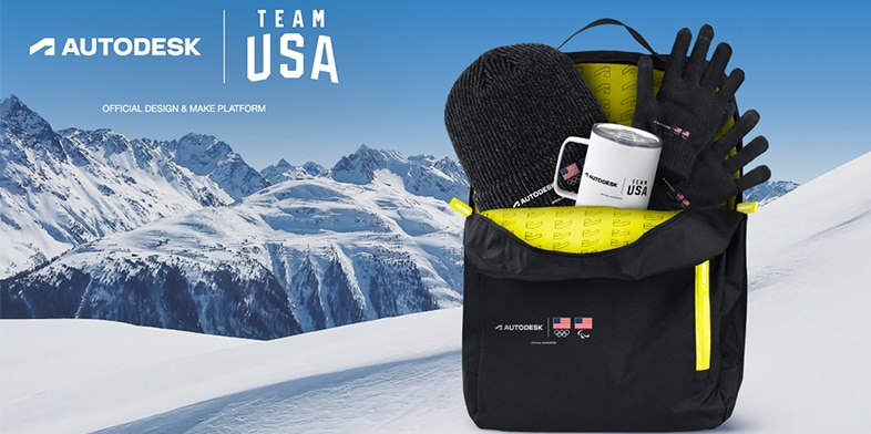 Team USA x Autodesk collaboration backpack, snow apparel, and mug.