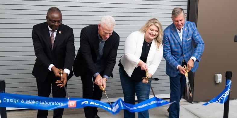 Dean of the University of Florida College of Design, Construction and Planning Chimay Anumba, Autodesk COO Steve Blum, U.S. Representative for Florida's 3rd Congressional District Kat Cammack, and President and CEO of Brandon Construction Company David Brandon cut the ribbon at the new Autodesk Design and Make Laboratory.  