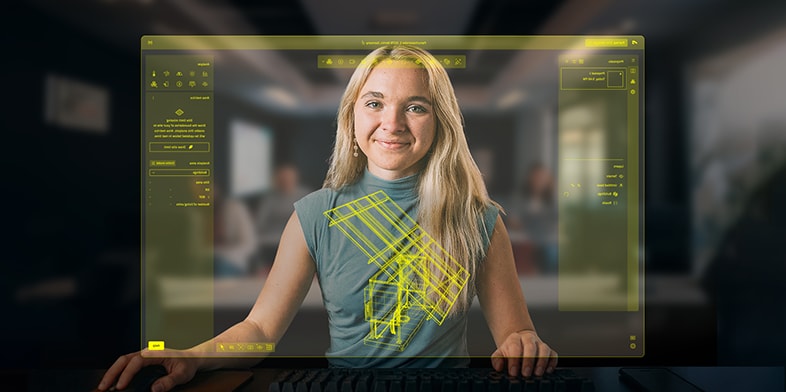 A student looks at desktop screen using Autodesk software. 