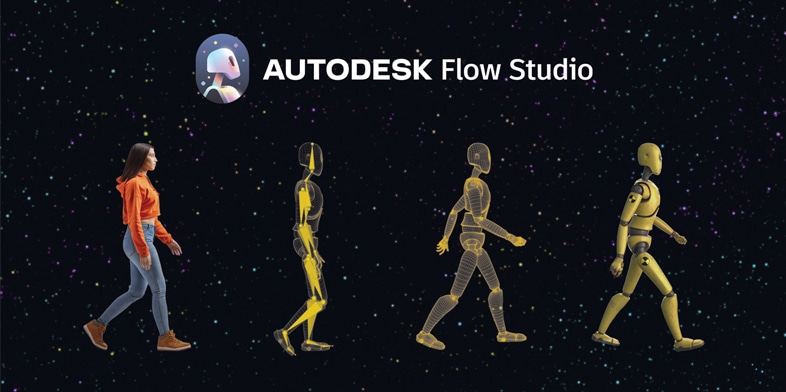 Graphic of Autodesk Flow Studio rendered characters walking.