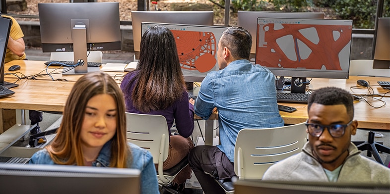 Classroom at Diablo Valley College in Pleasant Hill, California. Students and teachers are working with Fusion 360. 