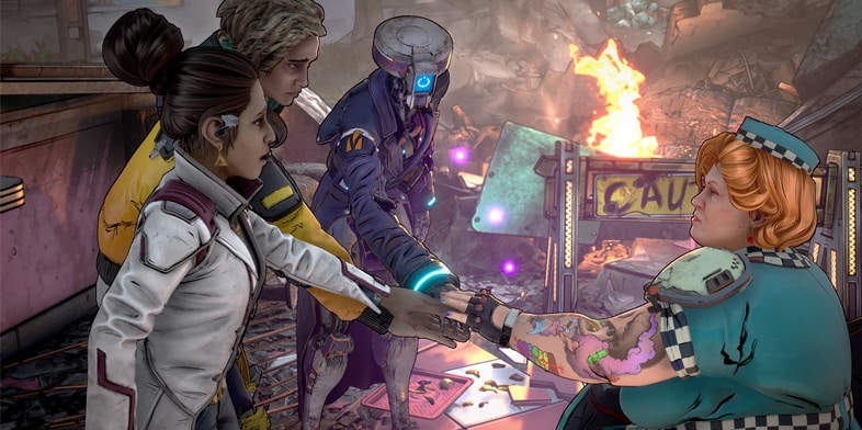 Four characters from New Tales from the Borderlands connect in a post-apocalyptic scene. 