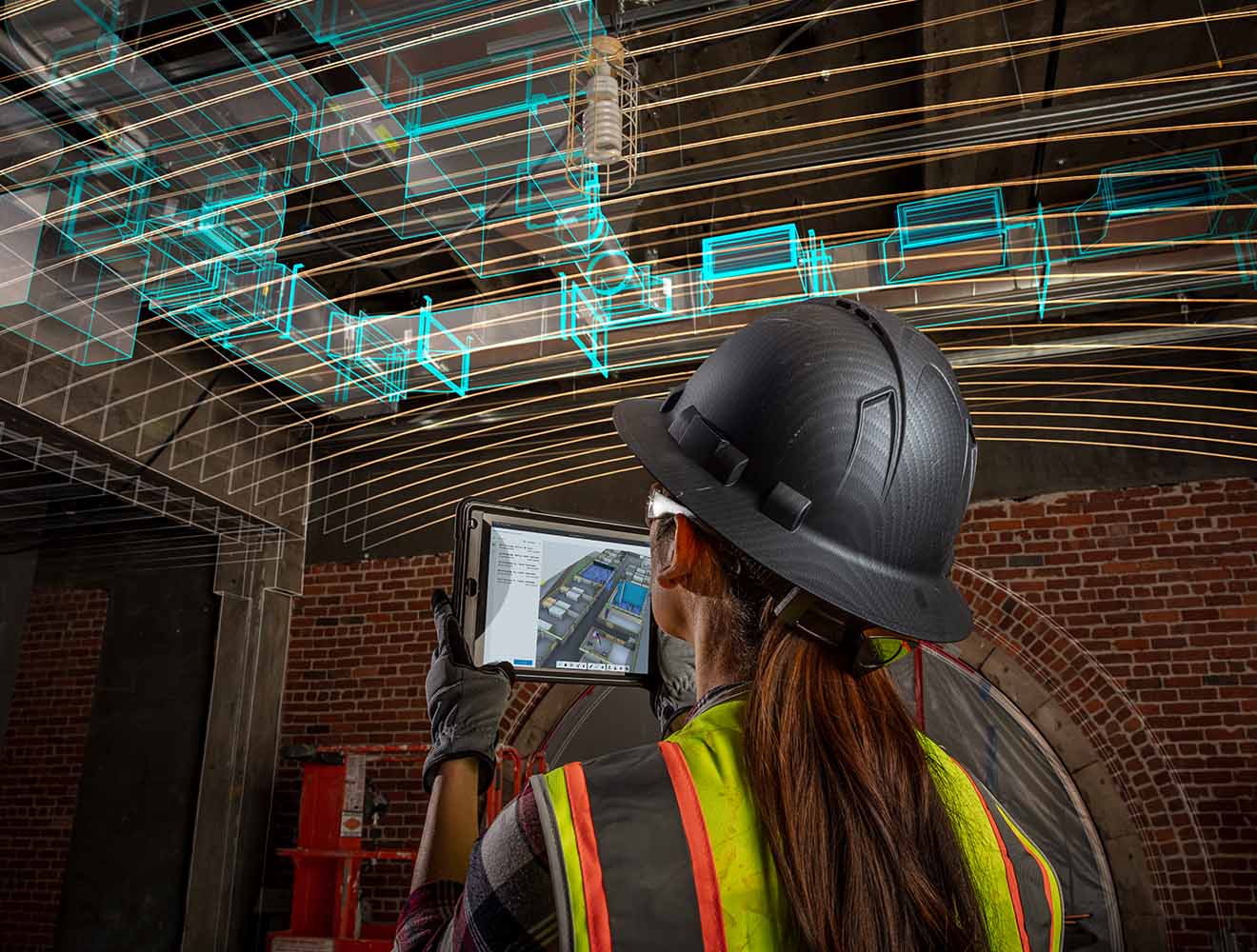 Construction professional reviewing digital building systems on site.