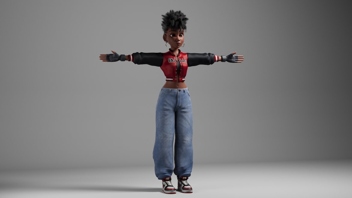 A character created in 3D animation software stands with arms outstretched for rigging.