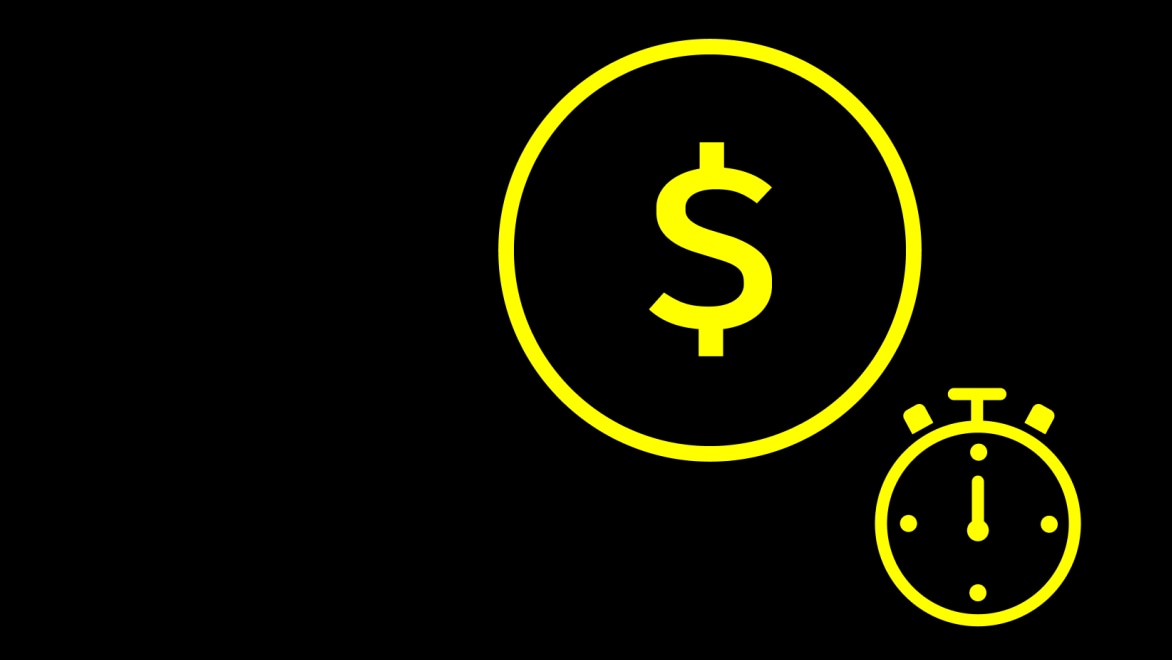 a yellow image of a clock and a dollar sign appear on a black background