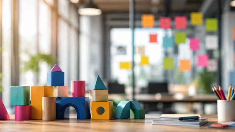 Colorful wooden building blocks arranged on a desk in front of a glass wall with colorful sticky notes.
