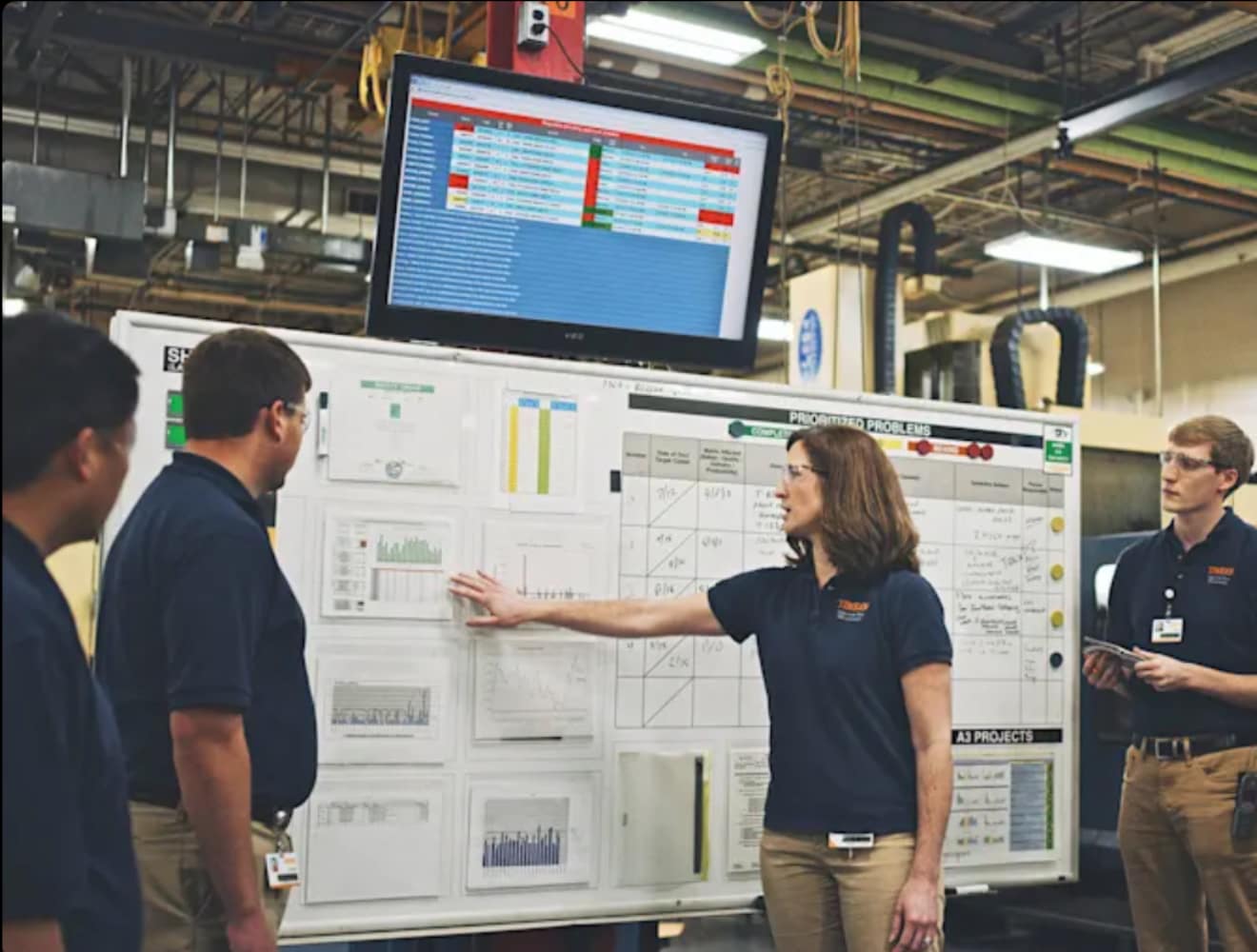 Manufacturing team reviews production charts and a problem-tracking board on the factory floor.