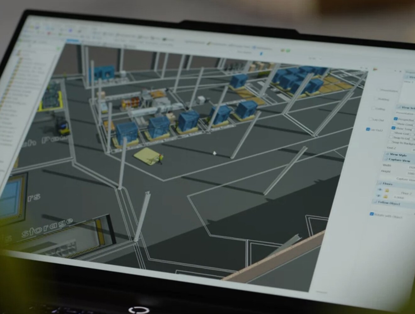 Digital 3D model of a factory production line displayed in manufacturing design software.