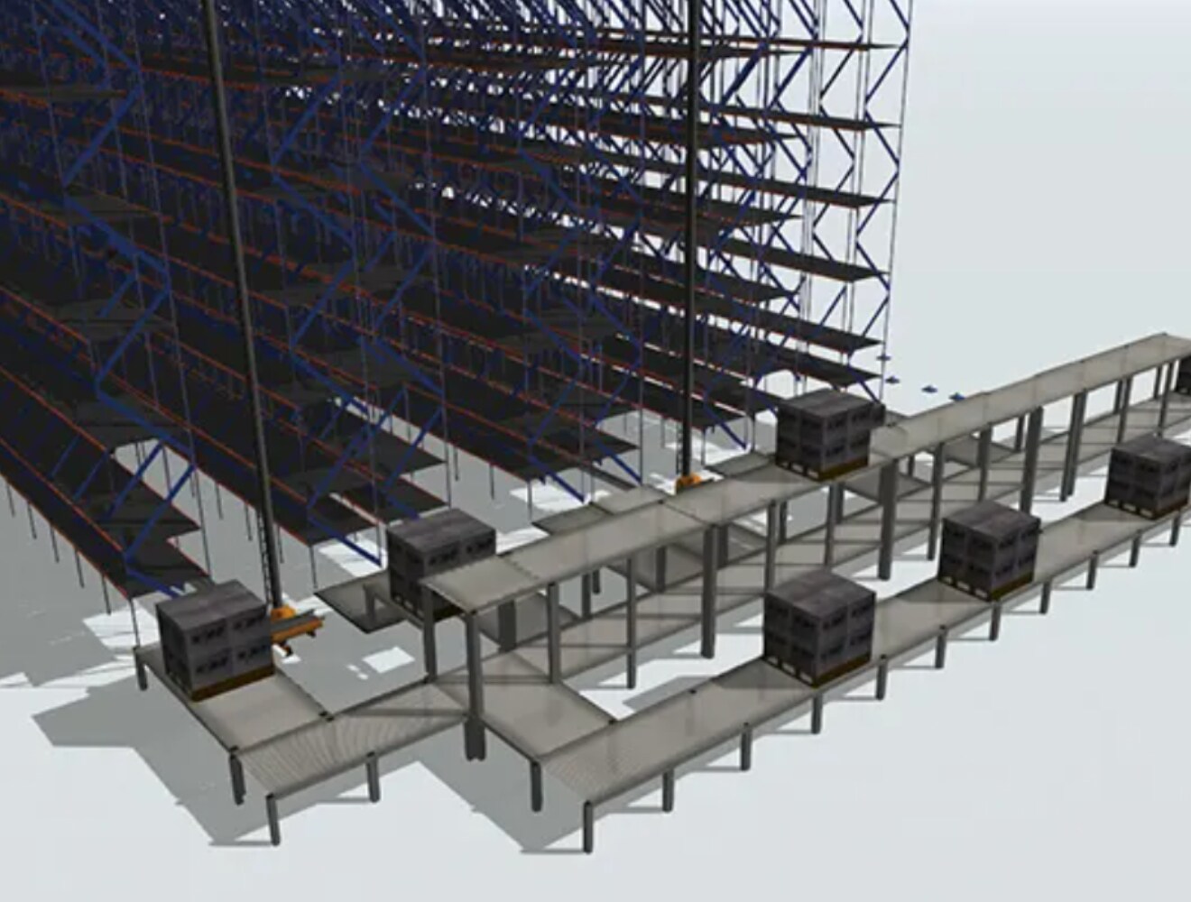 3D model of an automated warehouse with storage racks, conveyors, and palletized loads.