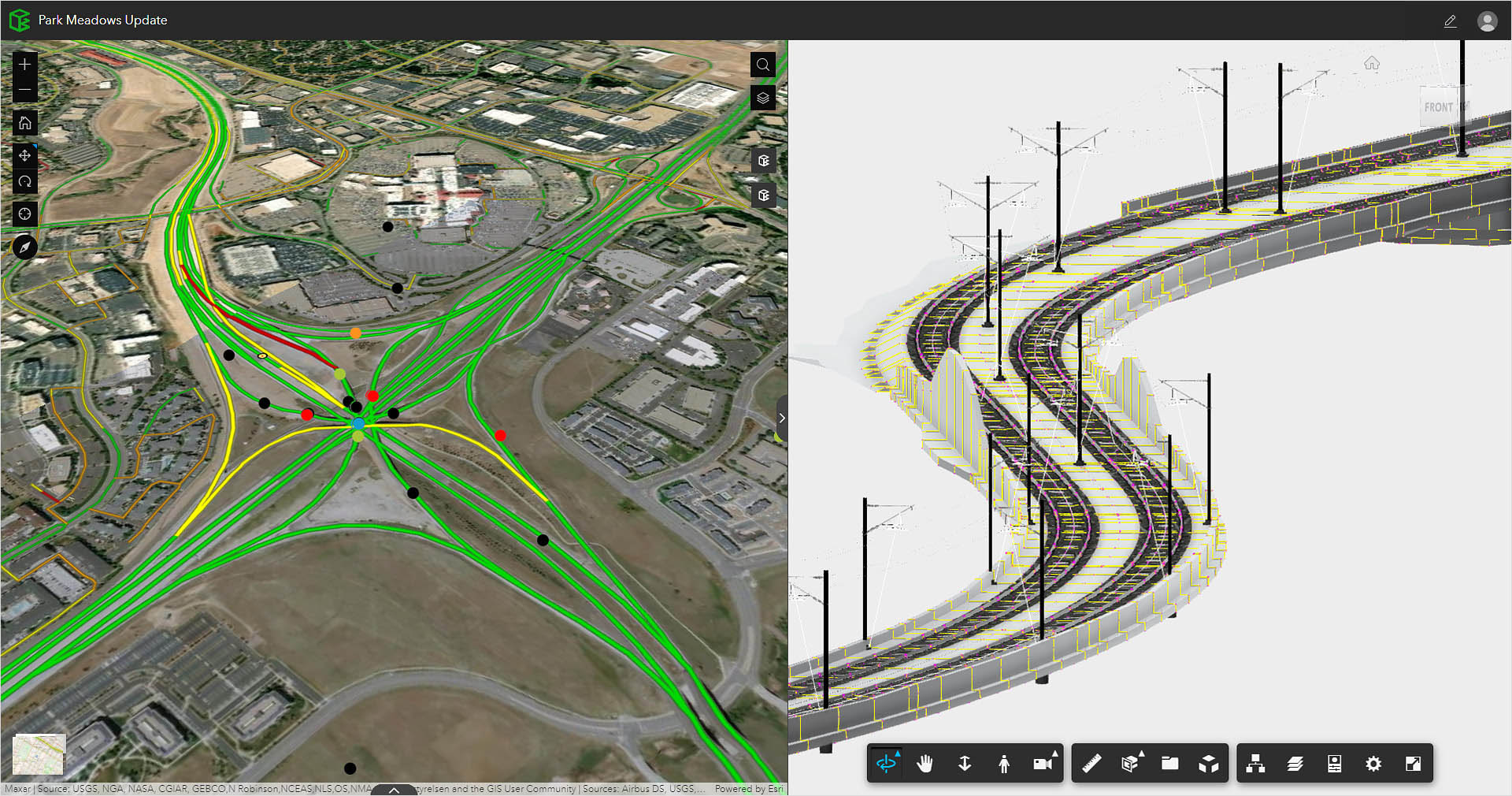 A digital model shows different views of road and rail routes.
