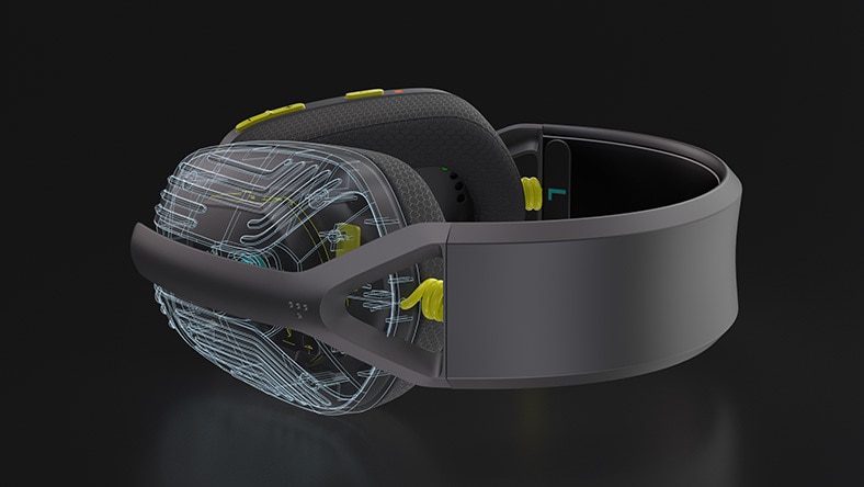Rendering of a pair of headphones that shows the internal design elements