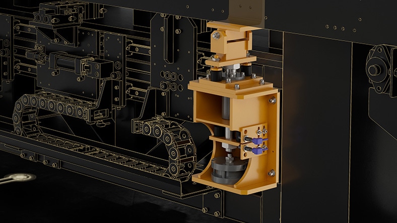 A detailed close-up of a mechanical assembly inside an industrial machine, showing gears, rails, and a mounted tool component in a dark, stylized rendering.