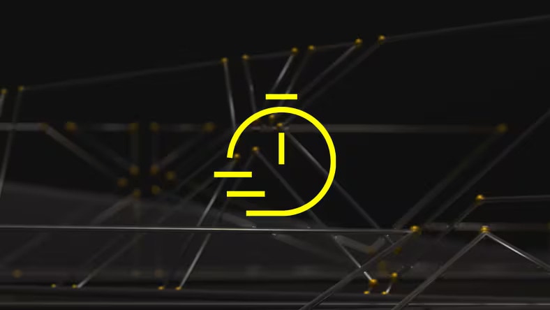 Yellow stopwatch icon with motion lines on a dark background with connected lines and dots.