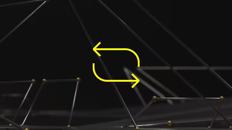Yellow circular arrows indicating rotation or cycling between two transparent geometric shapes.