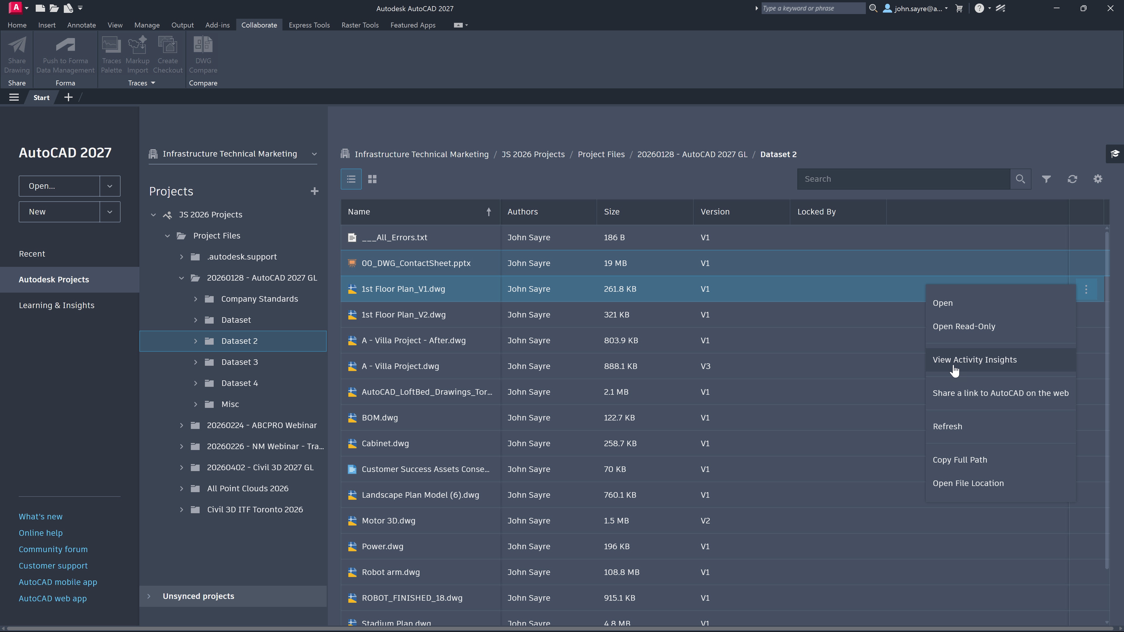 AutoCAD 2027 screen displaying project file list, versions, and Activity Insights options in Forma Data Management.