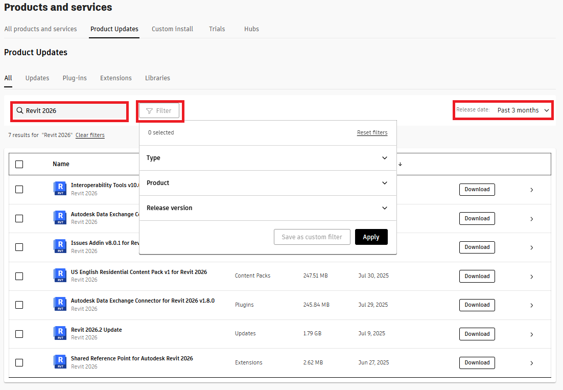 A screenshot showing the filter options for searching updates in the Autodesk account