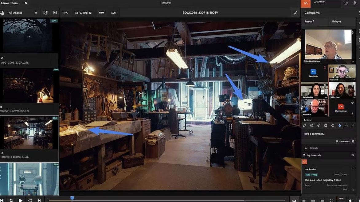 A screen capture of Flow Capture software shows a real-time collaborative review session with annotated footage in the middle and participants’ video screens and comments on the right.