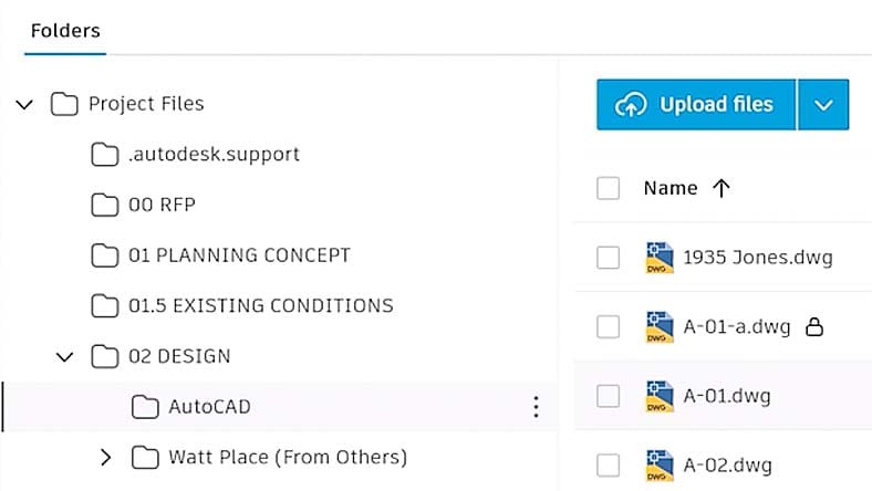 Project files folder view displaying DWG drawings and an upload files button in Format Data Management Essentials.