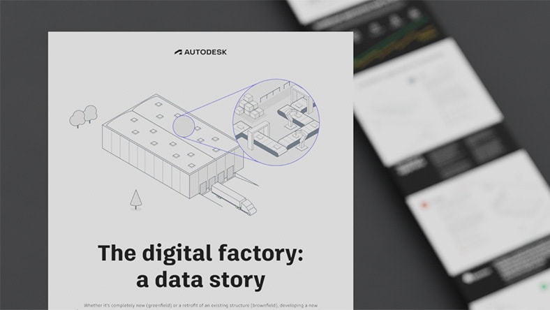 Infographic cover with illustration of factory exterior and vignette of production line