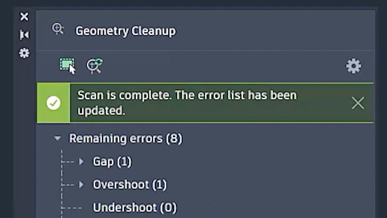 Geometry Cleanup tool showing scan results and a list of remaining errors such as gaps and overshoots.