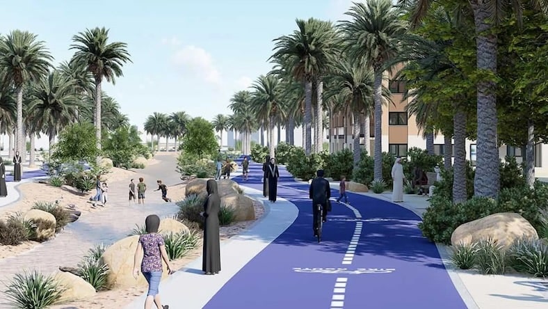 A computer rendering depicts a planned community in the desert outside Abu Dhabi.