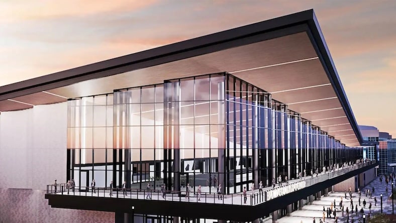 Rendering of the exterior of the Resch Expo building, designed by GRAEF