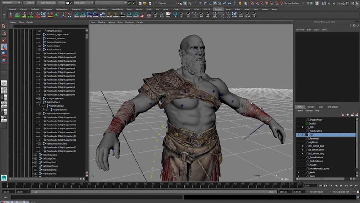A game character is created using rigging, or skeletal animation.