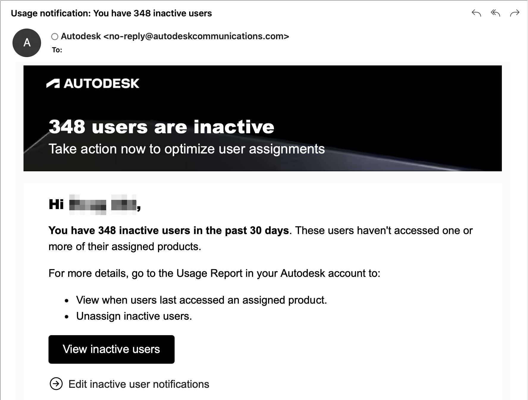 Autodesk 無活動使用者電子郵件，內含使用情況報告和管理選項