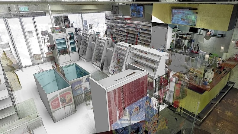A 3D rendering of the interior of a convenience store, created using laser-scanned point clouds and BIM modeling.