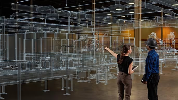 A technology laboratory with operating machinery integrated together via wires, cables, and cords.