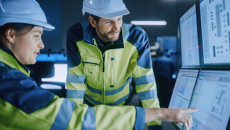 Two industrial facility managers inspect data on control screens