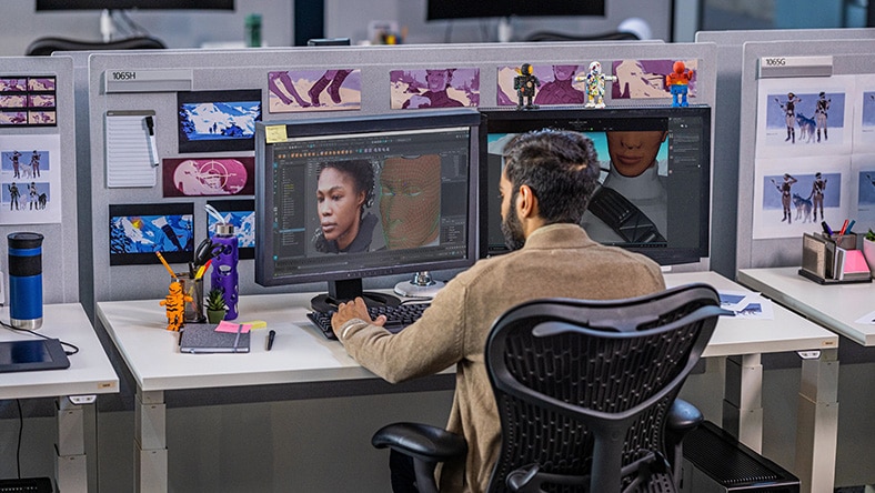 Digital artist creating 3D character content for media production.