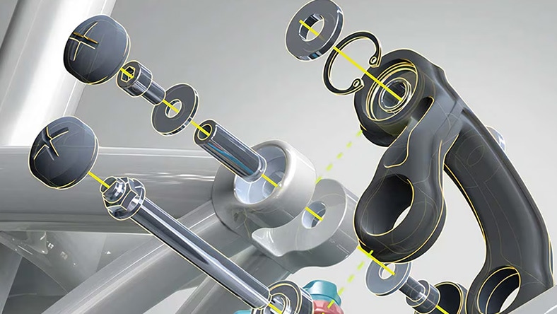 Exploded view of a mechanical part with bolts and washers.