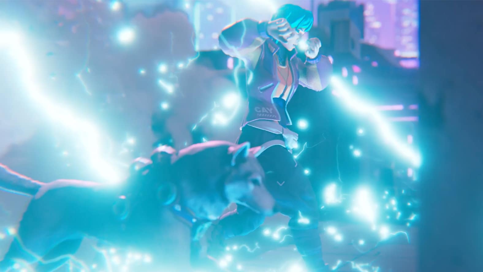 Animated girl and dog characters running together.