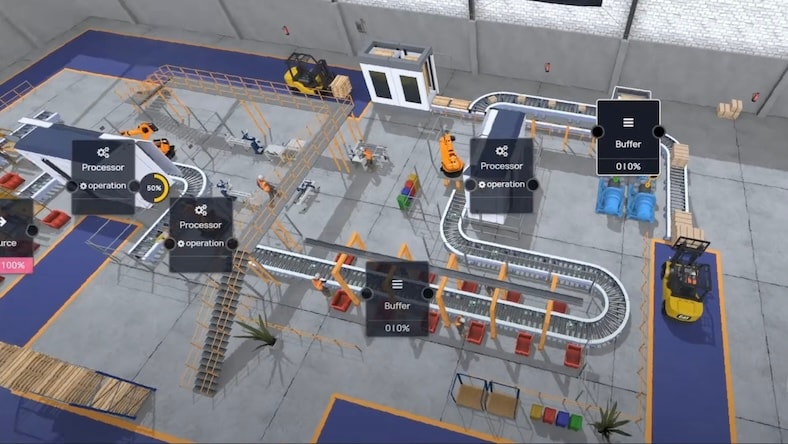 A software screen shows a 3D digital twin of a factory floor displaying operations data.