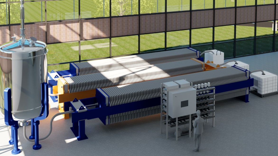 Aerial rendering of Nth Cycle electro-extraction unit in a large room with tall windows, with mowed green grass outside. Large chrome-colored cylinder on the left, rows of long square-pillar shaped columns in the middle, and cubicle liquid containers on the right.